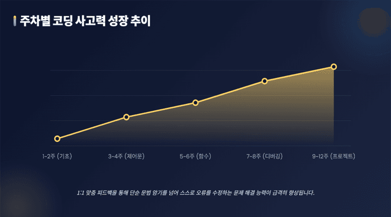 홈코딩 주차별 코딩 사고력 성장 추이 - 1대1 맞춤 피드백을 통해 스스로 오류를 수정하는 문제 해결 능력 향상