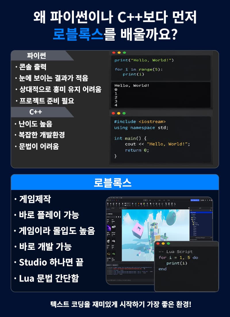 파이썬이나 C++보다 먼저 로블록스를 배우는 이유는 Studio 하나면 끝나며 Lua 문법이 간단하여 시작하기 좋기 때문입니다.
