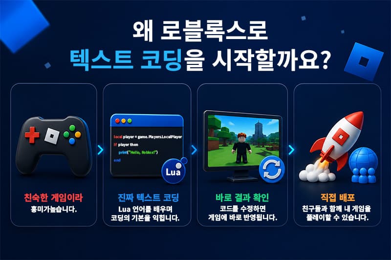 친숙한 게임이라 흥미가 높고, Lua 언어를 배우며 코딩의 기본을 익힙니다. 바로 결과 확인이 가능하며 직접 배포까지! 이것이 바로 로블록스로 텍스트 코딩을 시작하는 이유입니다.
